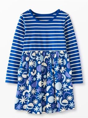Hanna Andersson Girls Mixie Stripe Geometric Print Long Sleeve Dress Blue White